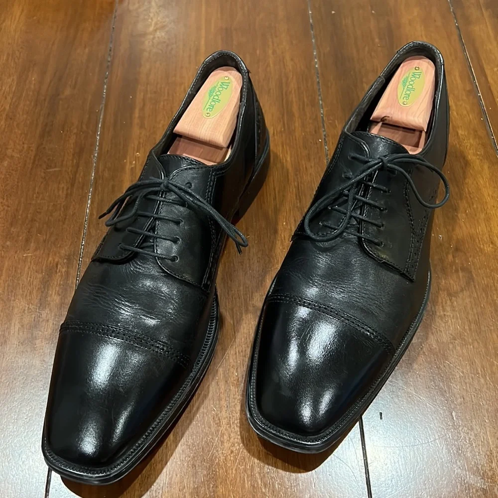 Johnston & Murphy LEATHER OXFORDS Men's 10 M Black Cap Toe Dress Shoes 59-11815 - Picture 2 of 4